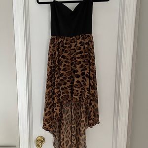 Strapless Leopard Print High-Low Dress